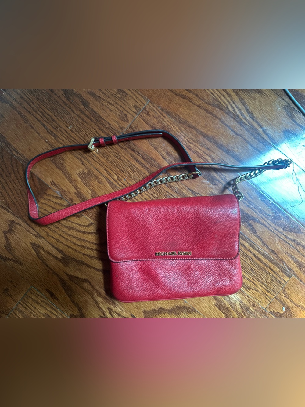 Michael Kors Red Pebbled Leather Crossbody with Gold Chain - Picture 10 of 12